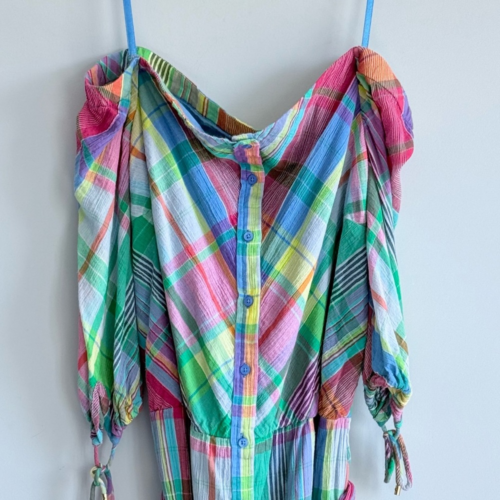 Lauren Ralph Lauren Plaid Off Shoulder Dress Multicolor Madras Plaid Dress 10 - Picture 5 of 16